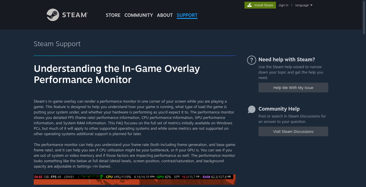 Steam Support page explaining the In-Game Overlay Performance Monitor and its Settings → In Game controls