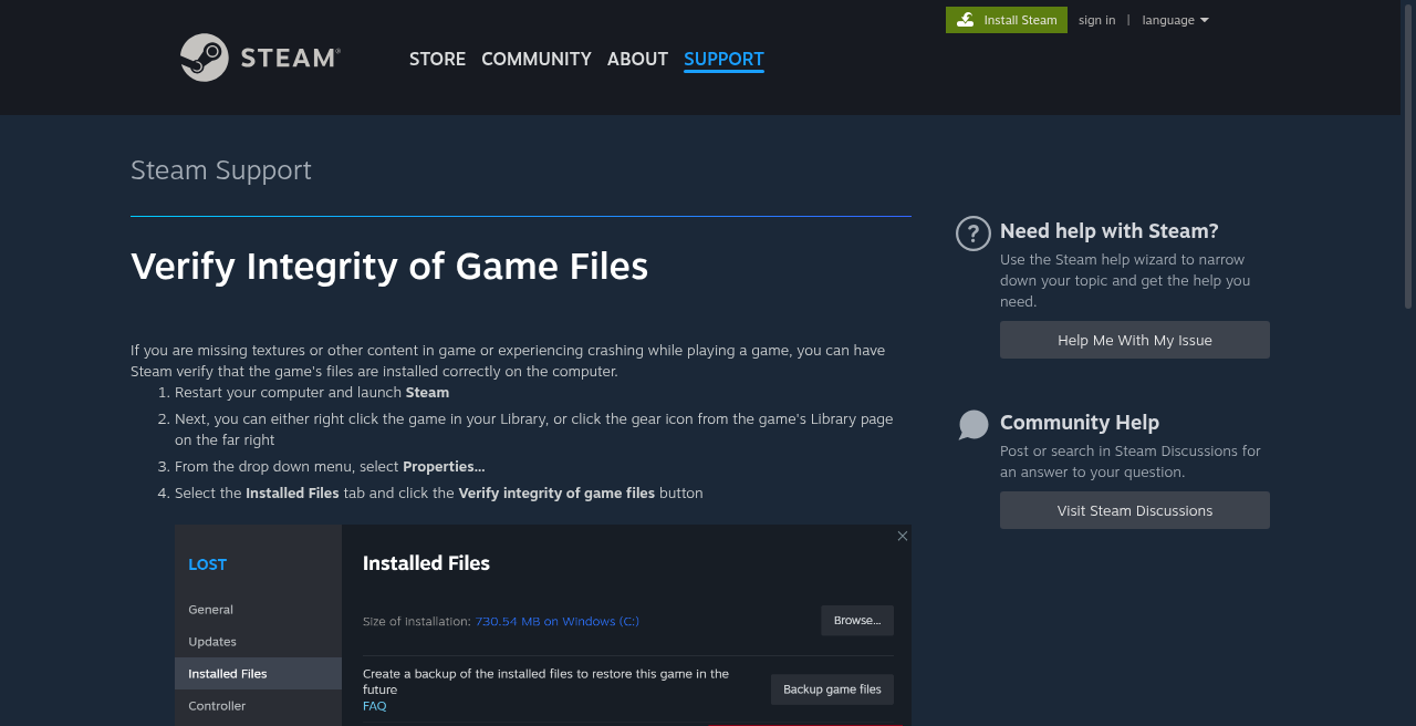 Steam Support instructions for opening Properties, selecting Installed Files, and clicking Verify integrity of game files